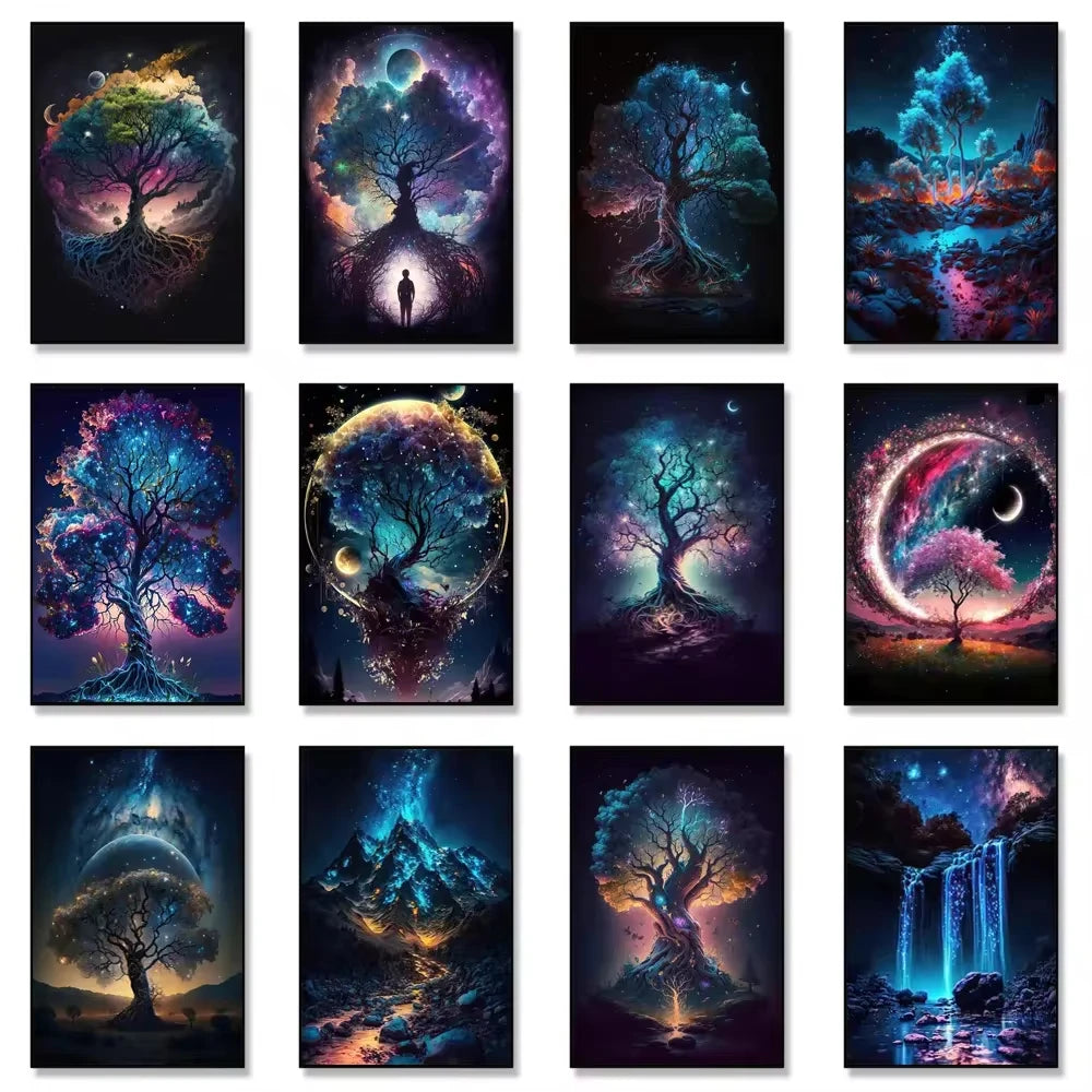 Flashing Magic Tree of Life Poster Galaxy Aurora Plant Canvas Art Natural Beauty Wall Painting for Living Room Home Decor Peaceful Pleasures Health and Wellness