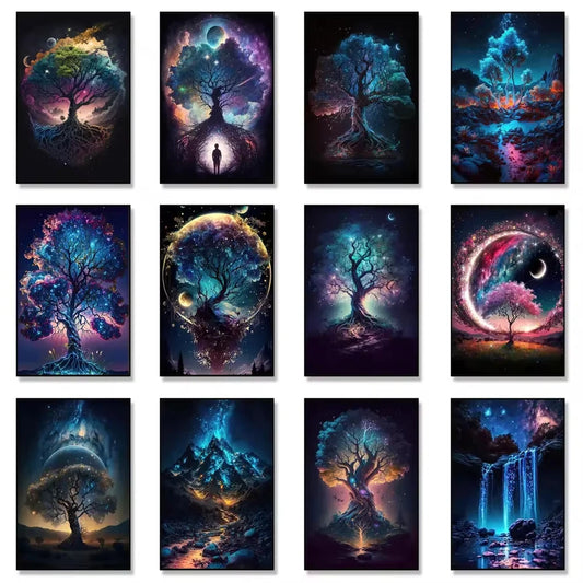 Flashing Magic Tree of Life Poster Galaxy Aurora Plant Canvas Art Natural Beauty Wall Painting for Living Room Home Decor Peaceful Pleasures Health and Wellness