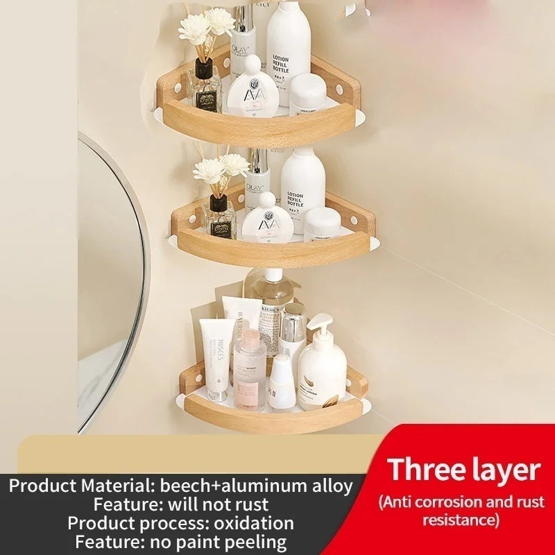 Wood & Aluminum Corner Shower Shelf | Bathroom Wall Organizer