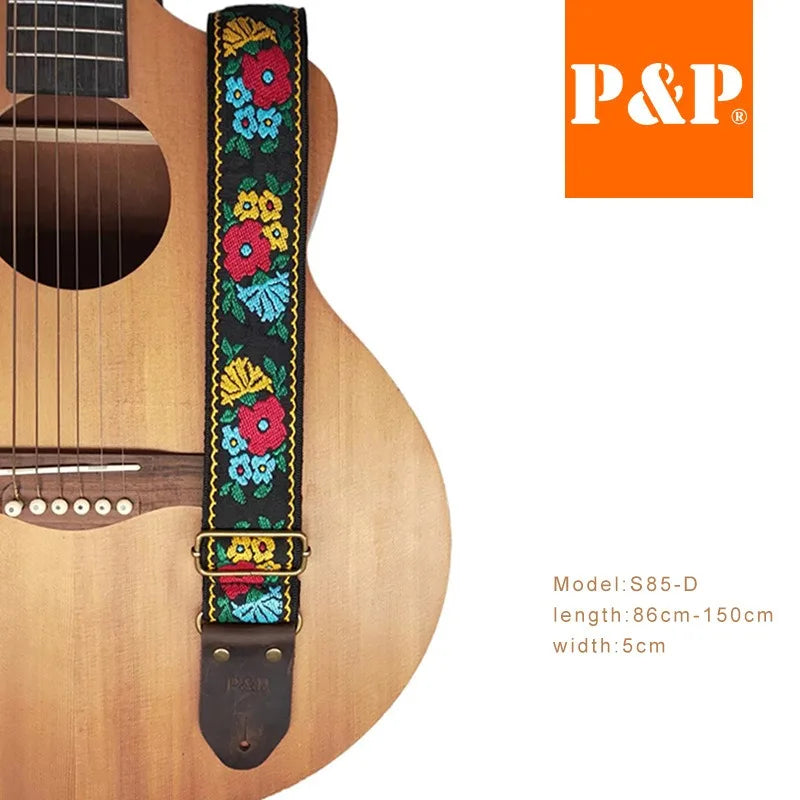 PP Guitar Strap S85 Series Ethnic Jacquard Embroidery Leather Brown