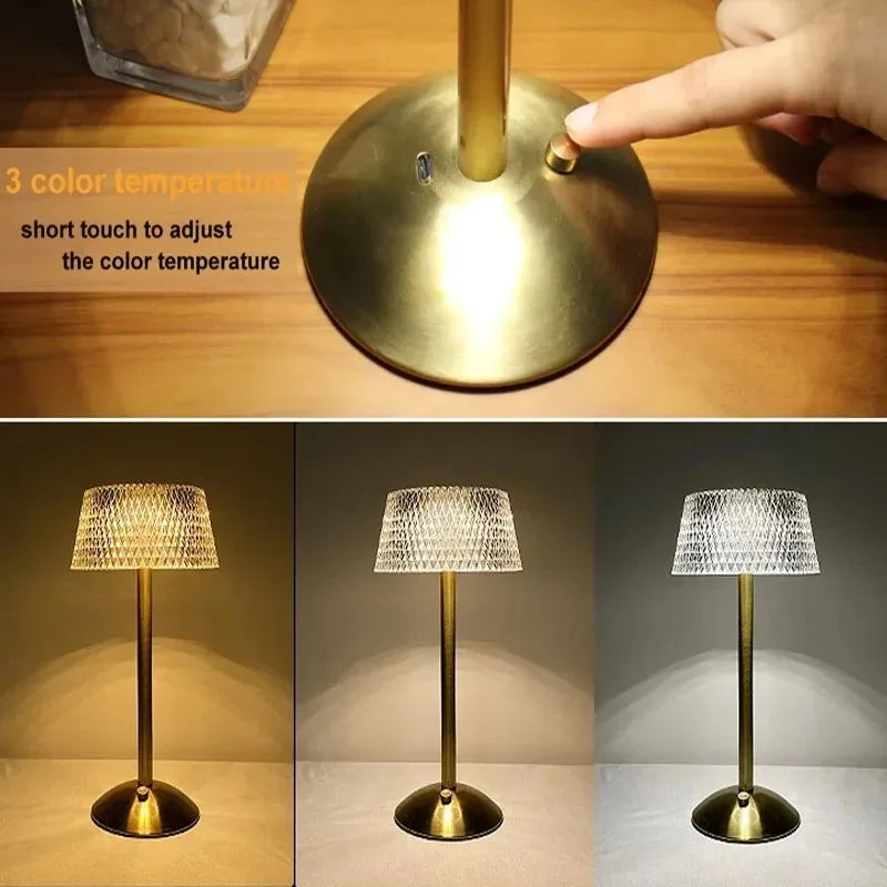 Classic LED Cordless Table Lamp USB Rechargeable Night Light Coffe Bar Touch Dimming Desk Lamp Bedroom Decor Crystal Table Lamps Peaceful Pleasures Health and Wellness