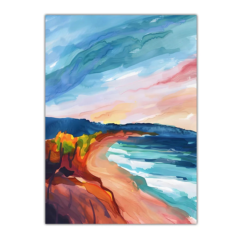 Watercolor Coastal Canvas Wall Art | Modern Landscape Poster Print Canvas Wall Art Print Peaceful Pleasures Health and Wellness 03 21X30cm No Frame China Mainland