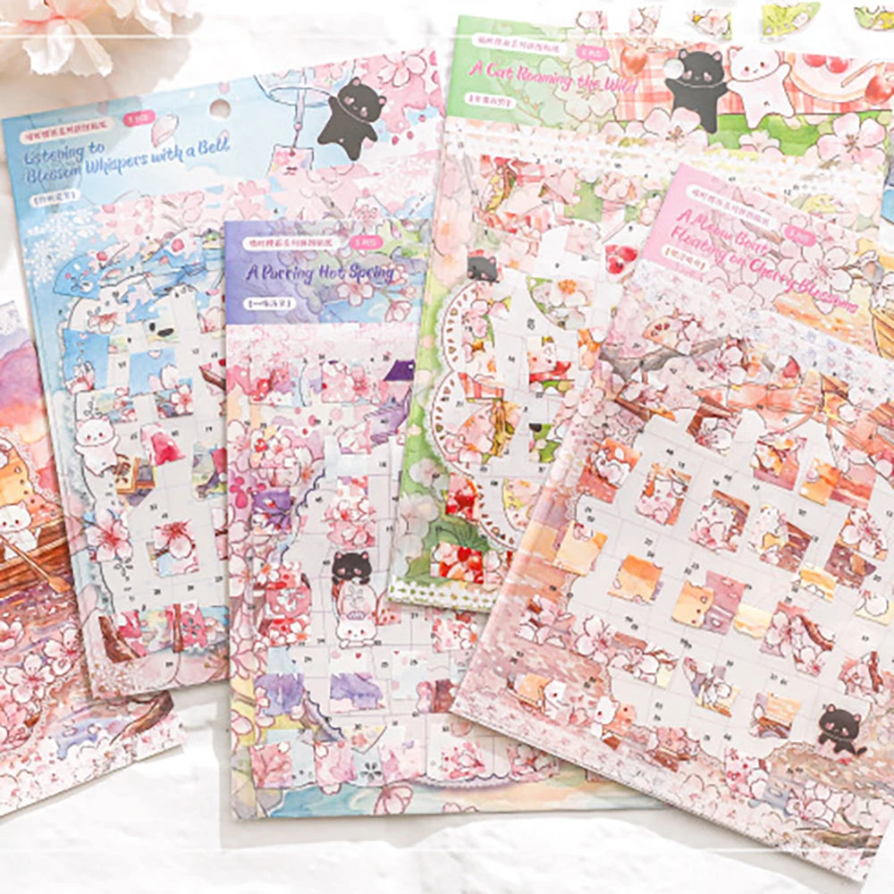 Cute Cat Cherry Blossom Rain Series Puzzle Stickers Four Theme