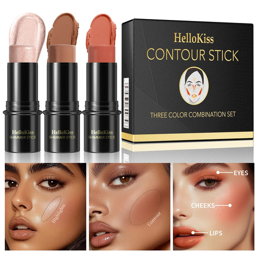 3-in-1 Cream Contour, Highlighter & Blush Stick Set with Brush Cream Contour Set Oasis Select
