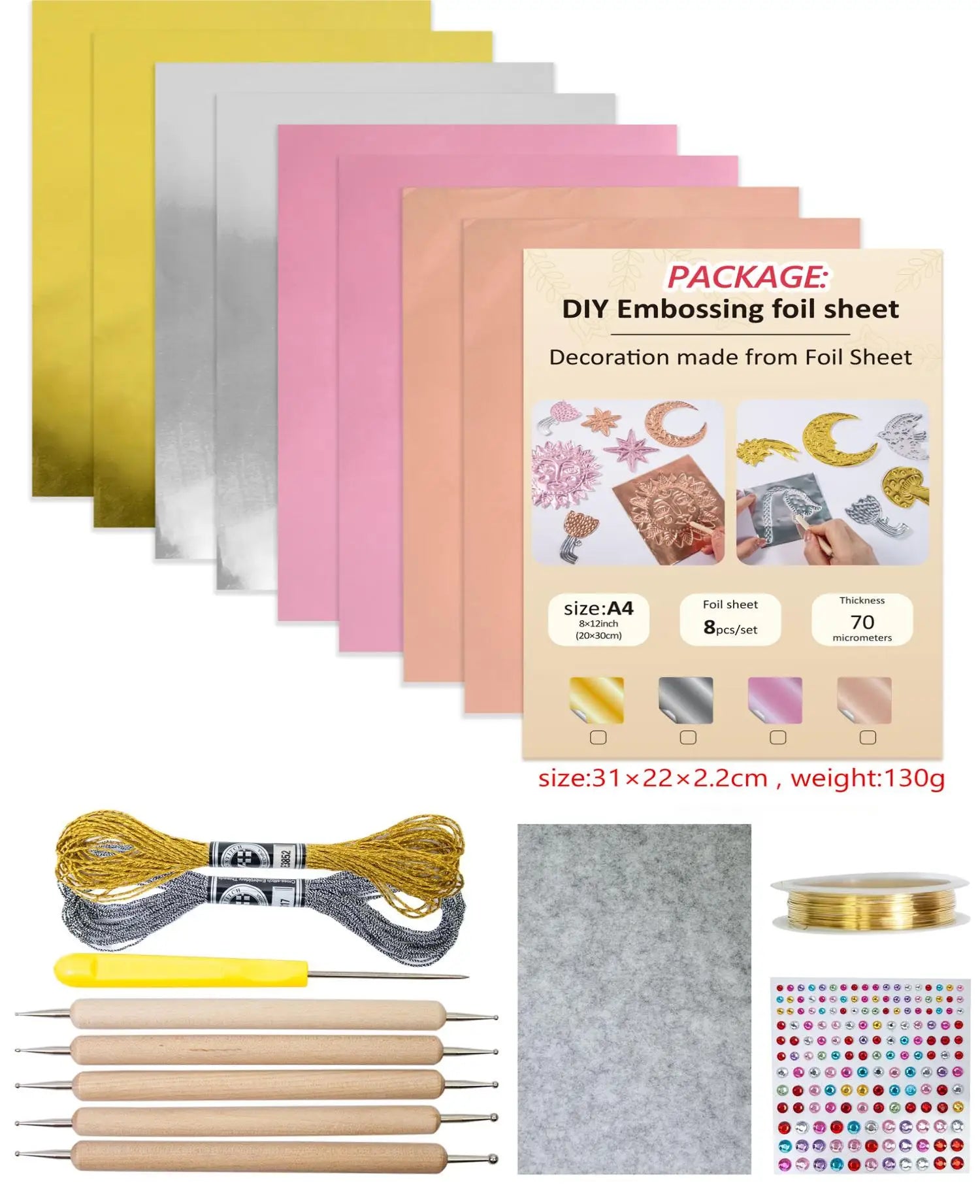 8-Piece Metal Embossing Foil Sheets Kit | Gold Silver Pink Rose Gold Metal Embossing Kit Peaceful Pleasures Health and Wellness