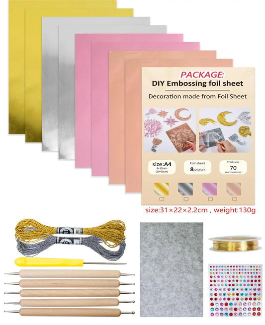 8-Piece Metal Embossing Foil Sheets Kit | Gold Silver Pink Rose Gold Metal Embossing Kit Peaceful Pleasures Health and Wellness