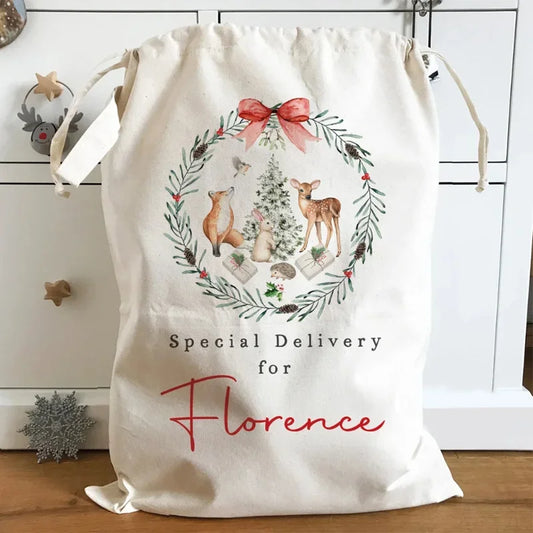 Personalised Christmas Santa Sack | Woodland Animal Gift Bag Personalised Gift Bag Peaceful Pleasures Health and Wellness
