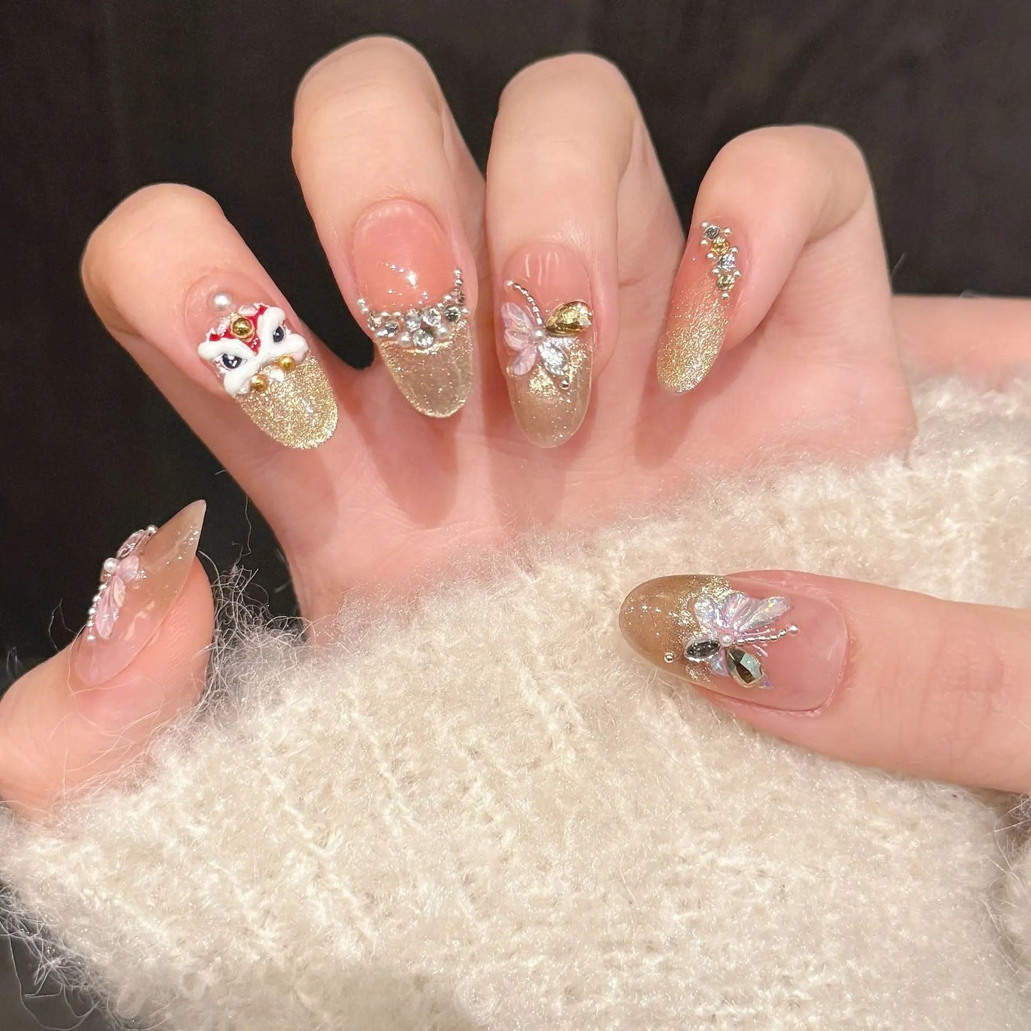 Handmade Press-On Nails | Gold Lucky Lion Cat Eye Design