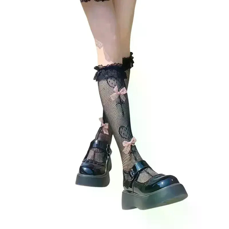 Lolita Lace Bow Tie Fishnet Mid-Calf Socks | JK Style