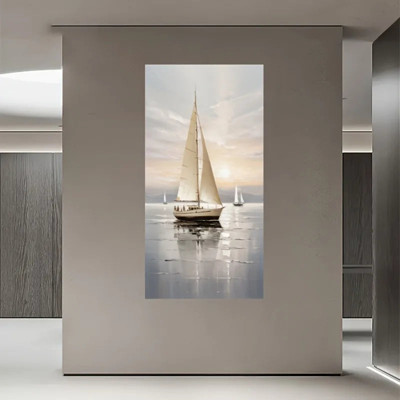 Sailboat At Sunset Wall Art Abstract Nautical Landscape Painting, Smooth Sailing Design, for Living Room, Hallway, Office Decor Peaceful Pleasures Health and Wellness