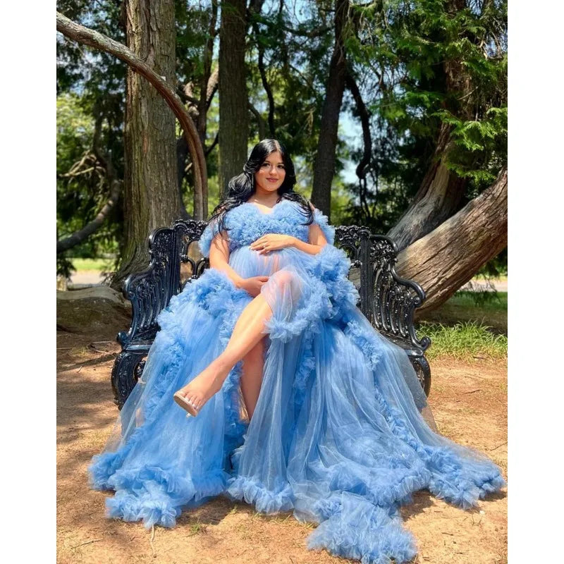 Photoshoot & Baby Shower Tulle Maternity Dress - Off Shoulder, Puffy Ruffles, Elegant Long Robe for Pregnancy Peaceful Pleasures Health and Wellness