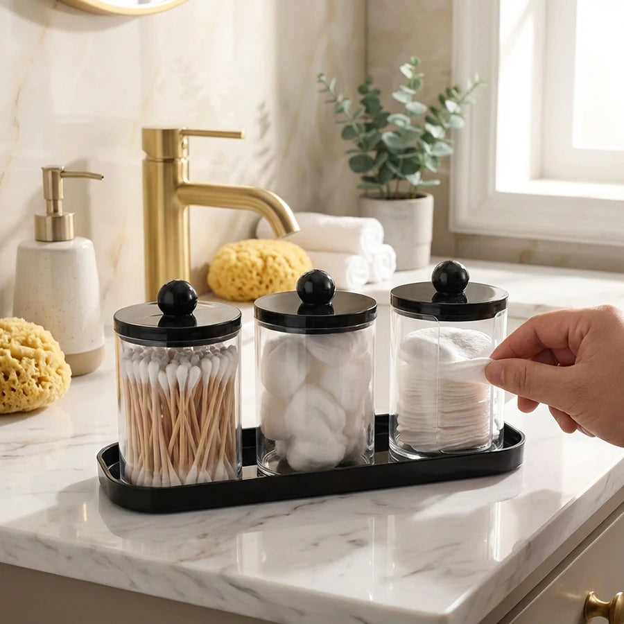 Apothecary Jar Qtip & Cotton Round Holder with Tray – 3 Pack Bathroom Organizer Set