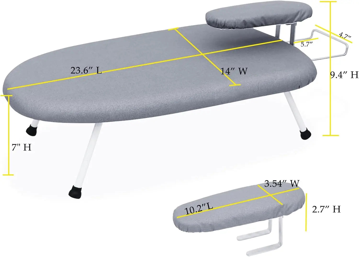 Gray ironing board with dimensions labeled on a white background