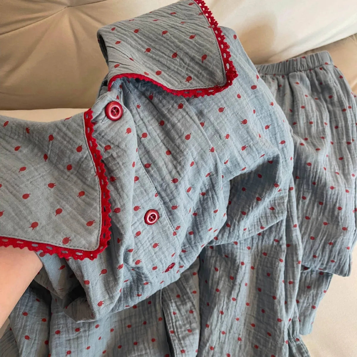 New Korean Style Cute Polka Dot Baby Doll Collar Pajamas Autumn Cloud Cotton Loose Long Sleeves Student Dormitory Home Wear Set Peaceful Pleasures Health and Wellness
