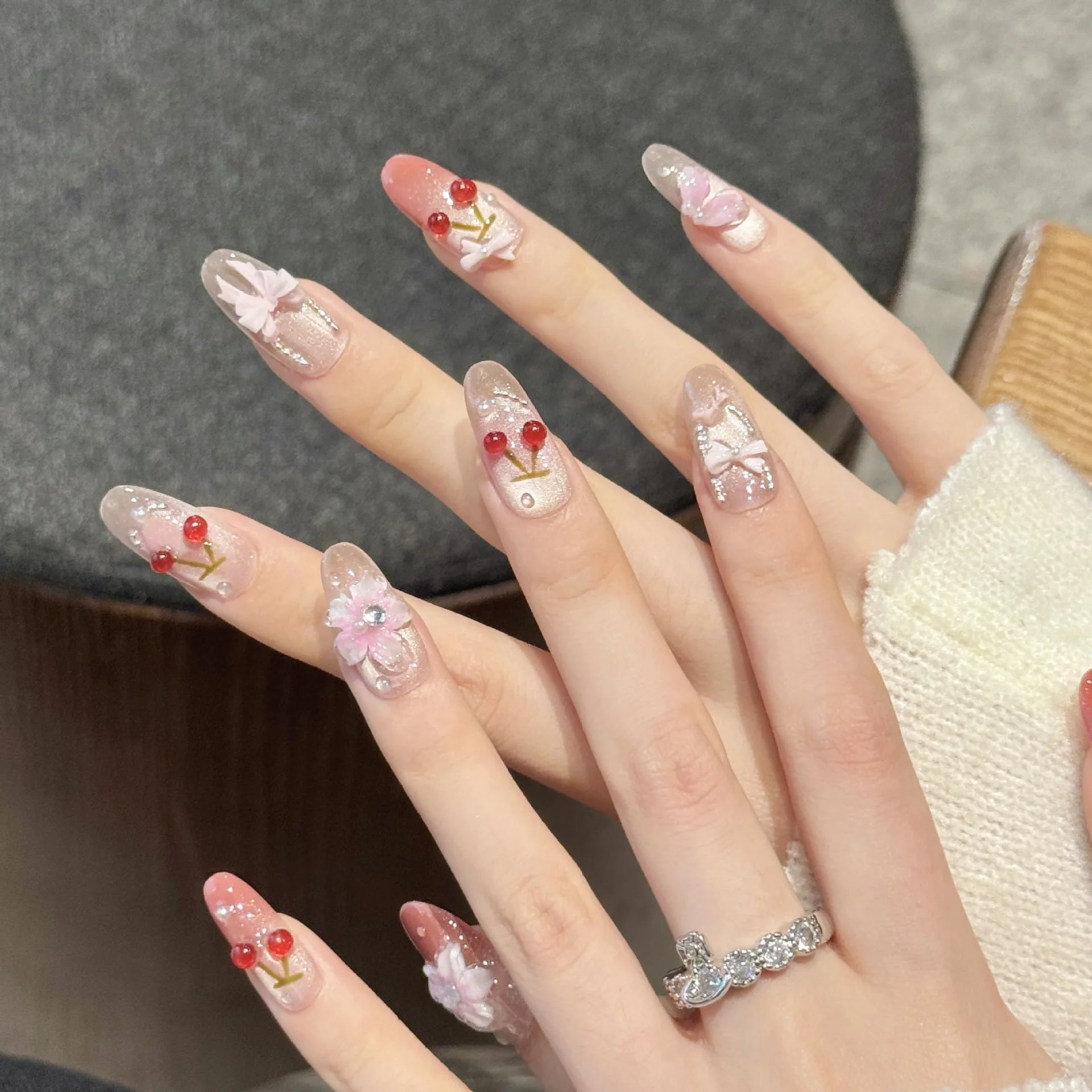 10PCS 3D Cherry Bowknot Decor Handmade Press on Nails Glitter Almond Sweet Fake Nails Wearable Blush Cat's Eye False Nails Art Peaceful Pleasures Health and Wellness