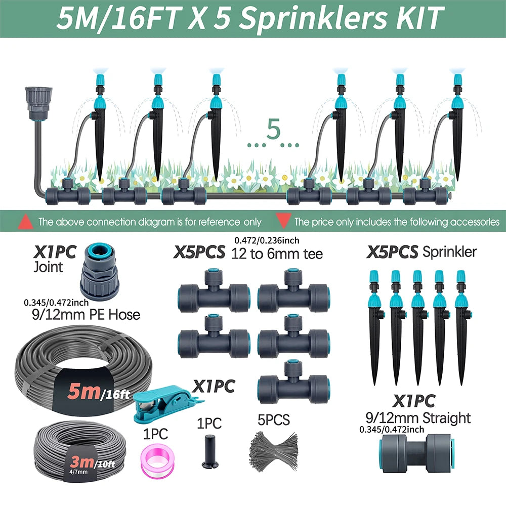 3/8" Garden Irrigation Watering System 12mm PE Hose 360° Adjustable 2-in-1 Misting Quick Connect Sprinkler Micro Dripper Sprayer Peaceful Pleasures Health and Wellness 5m Kit