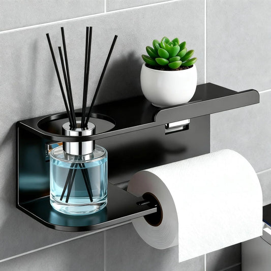 Wall-Mounted Toilet Paper Holder with Shelf & Drawer Toilet Paper Holder Peaceful Pleasures Health and Wellness