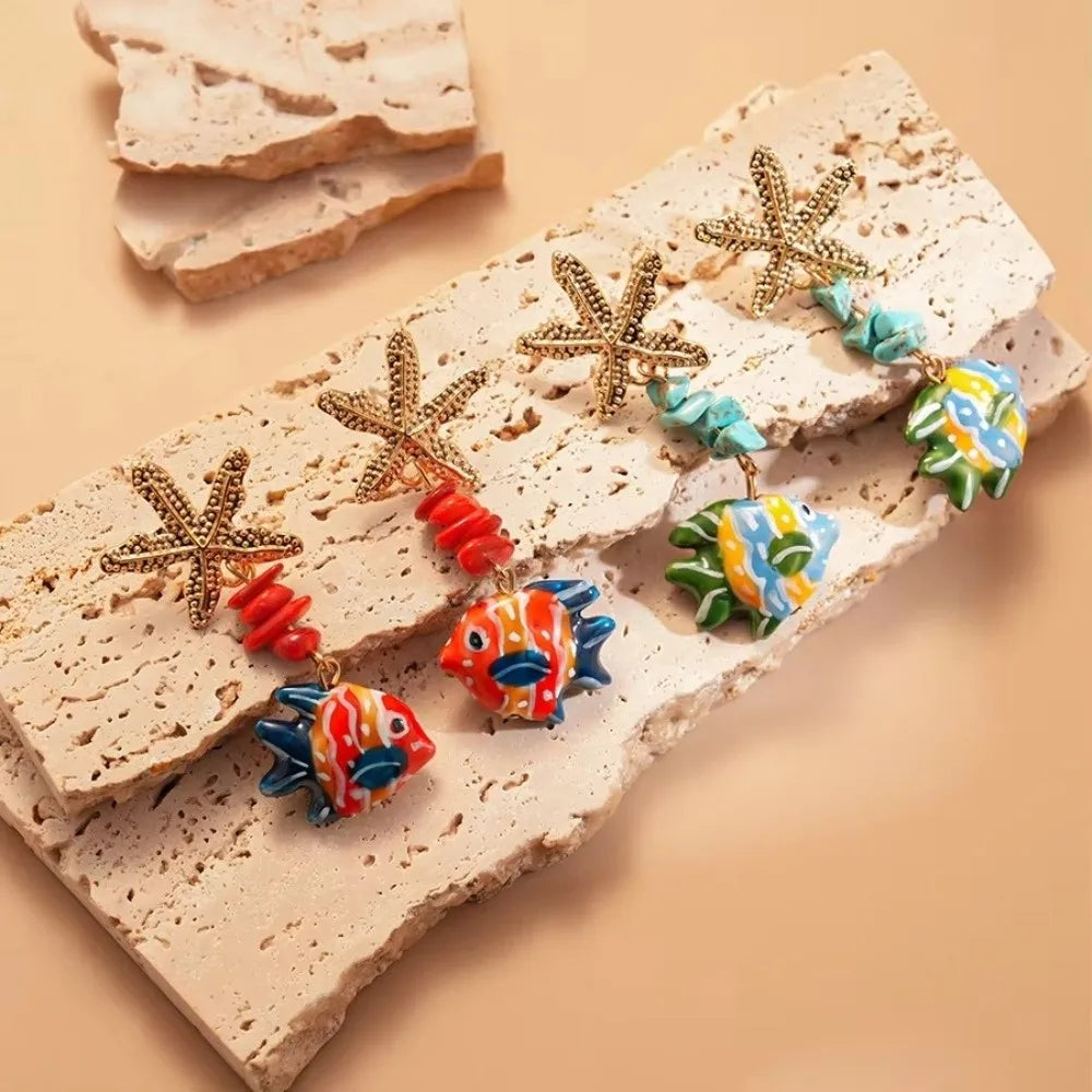 Ocean Glass Beaded Fish & Starfish Drop Earrings | Summer Jewelry