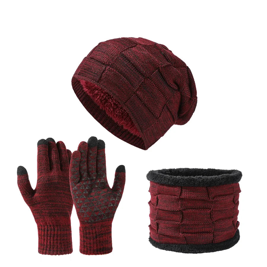 Autumn Winter Unisex Warm & Soft Winter Fleece-lined Knitted Hat,Scarves And Touch Screen Gloves 3-Piece Set Peaceful Pleasures Health and Wellness Wine Red