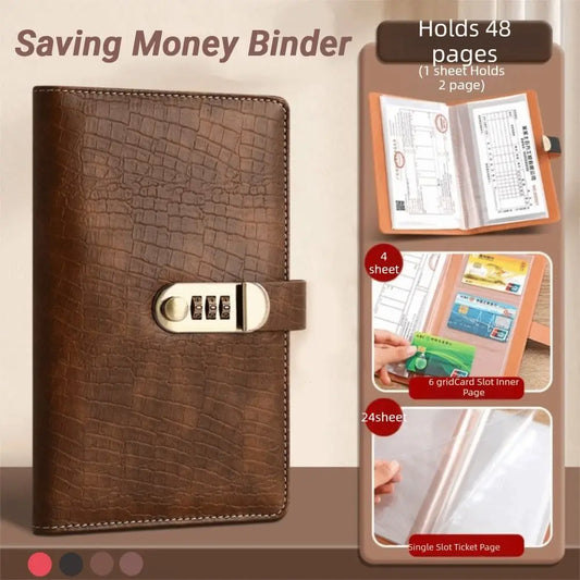 PU Leather Money Savings Challenge Binder with Password Lock Solid Color Budget Bill Organizer Double-sided Card Slot Clear View Peaceful Pleasures Health and Wellness