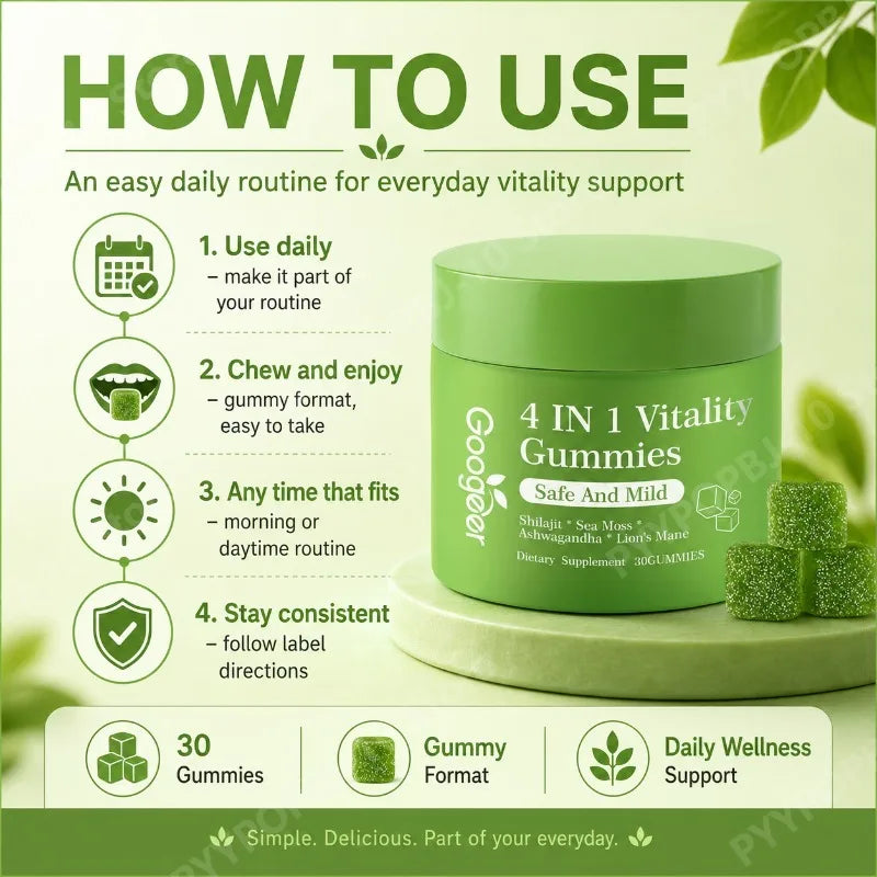 4-in-1 Vitality Gummies: Shilajit, Sea Moss, Ashwagandha & Lion's Mane