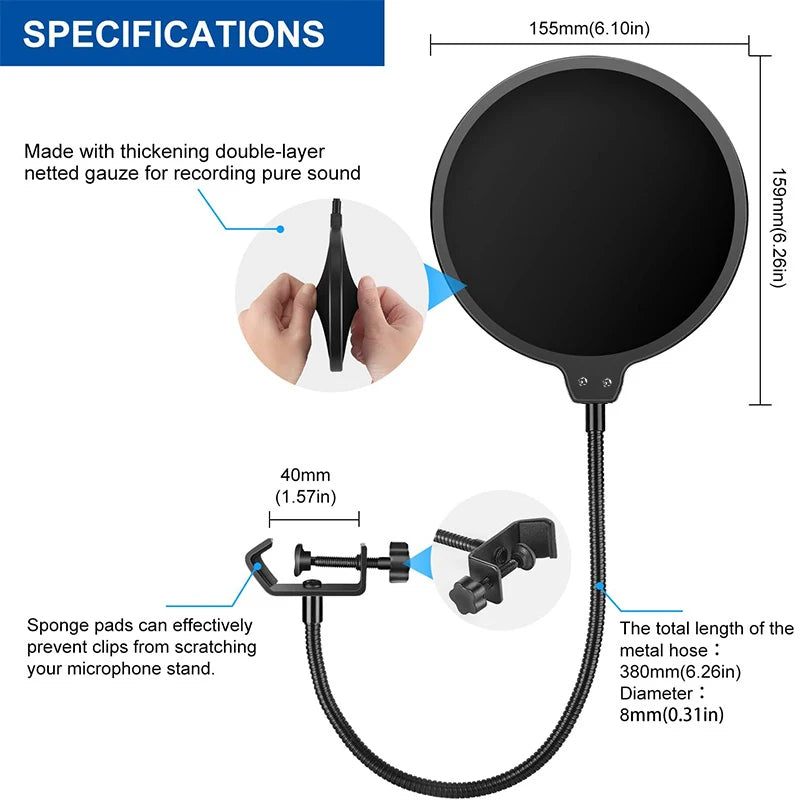 Double Layer Studio Microphone Pop Filter Flexible Wind Screen Sound Filter Mask Mic Shield for Speaking Recording Accessories Peaceful Pleasures Health and Wellness