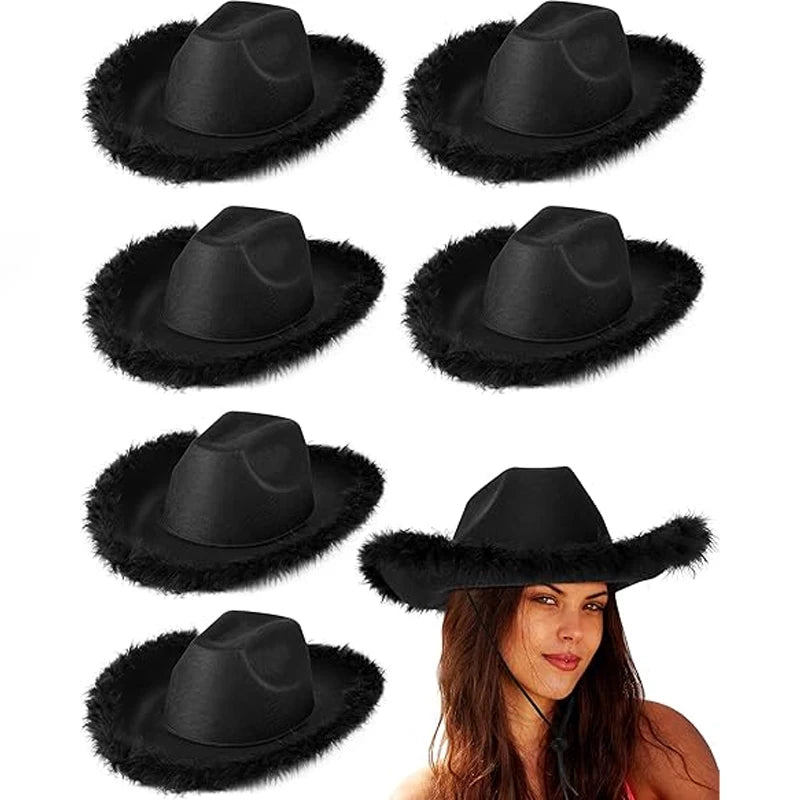 6-Pack Fluffy Cowgirl Hats – Bachelorette & Bridal Party Set Costume Party Hat Peaceful Pleasures Health and Wellness black 40x30cm
