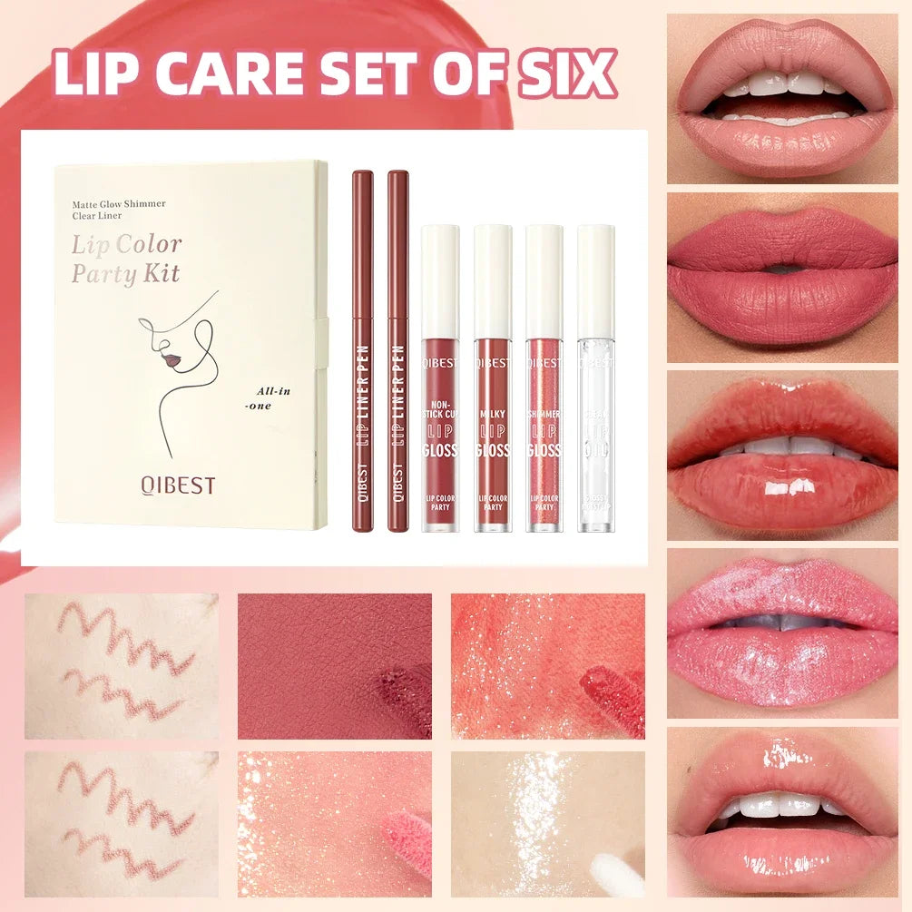 QIBEST 6 PCS Lip Color Makeup Sets Include 2*Lipliner,1 Matte Liquid Lipstick,2 Mirror Lip Glaze And 1 Transparent Lip Oil Balm Peaceful Pleasures Health and Wellness