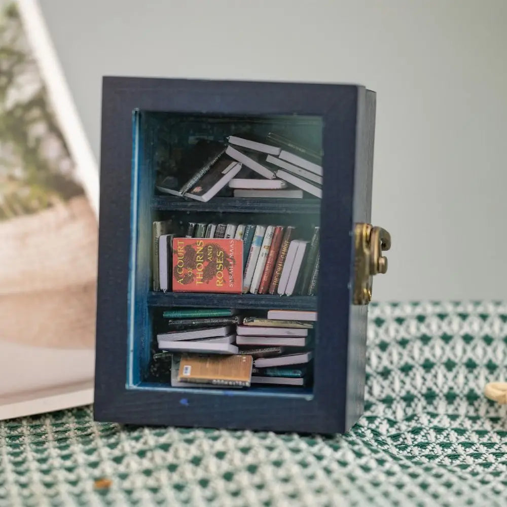 Miniature Wooden Bookshelf with 60 Mini Books – Desk Décor Toy