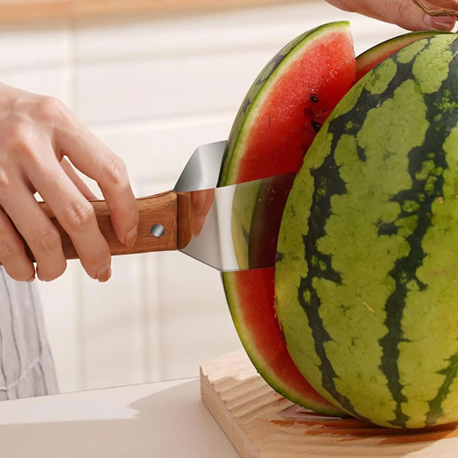 Watermelon Cutter Stainless Steel With Wooden Handle, Ergonomic Melons Slicer For Cantaloupe Muskmelon Home Kitchen Picnic Party Peaceful Pleasures Health and Wellness