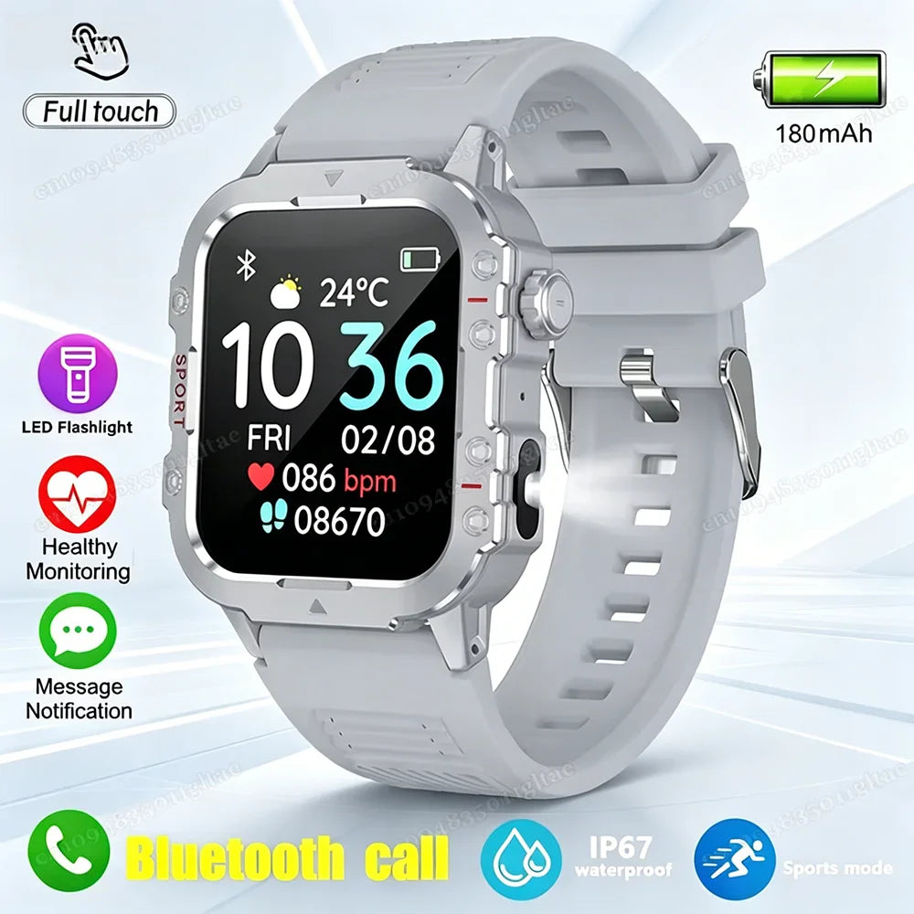 Military-Grade Smartwatch – Bluetooth Call, Flashlight & 100+ Sports