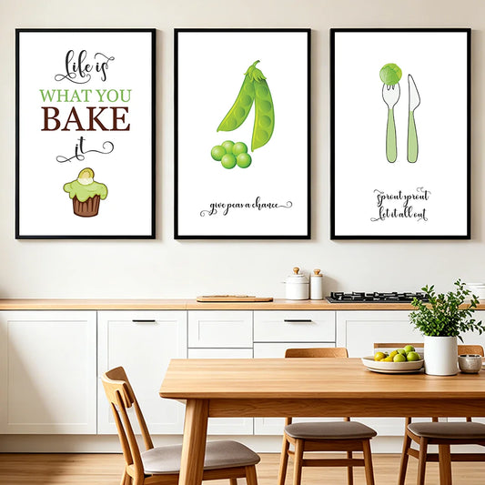 Kitchen Inspirational Quotes Wall Art, Modern Pea Cupcake Canvas Painting, Minimalist Poster Print for Kitchen Dining Room Décor Peaceful Pleasures Health and Wellness