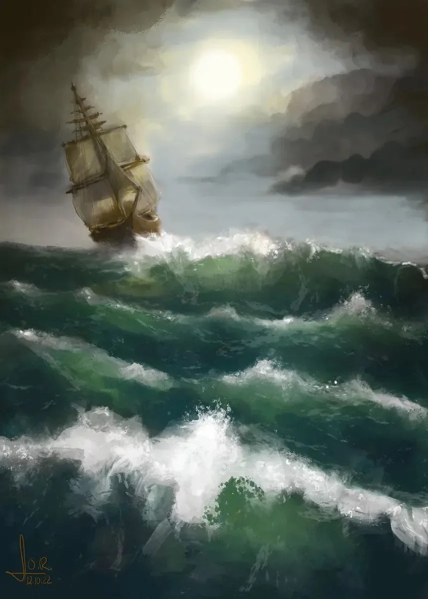 Pirate Ship Sailboat Sailing Ocean Moon Canvas Painting Poster Wall Picture Print for Living Room Home Decor Peaceful Pleasures Health and Wellness P13 20x30cm Unframed