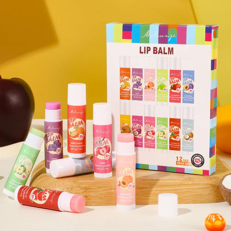 12-Piece Fruit Lip Balm Set – Moisturizing & Alcohol-Free
