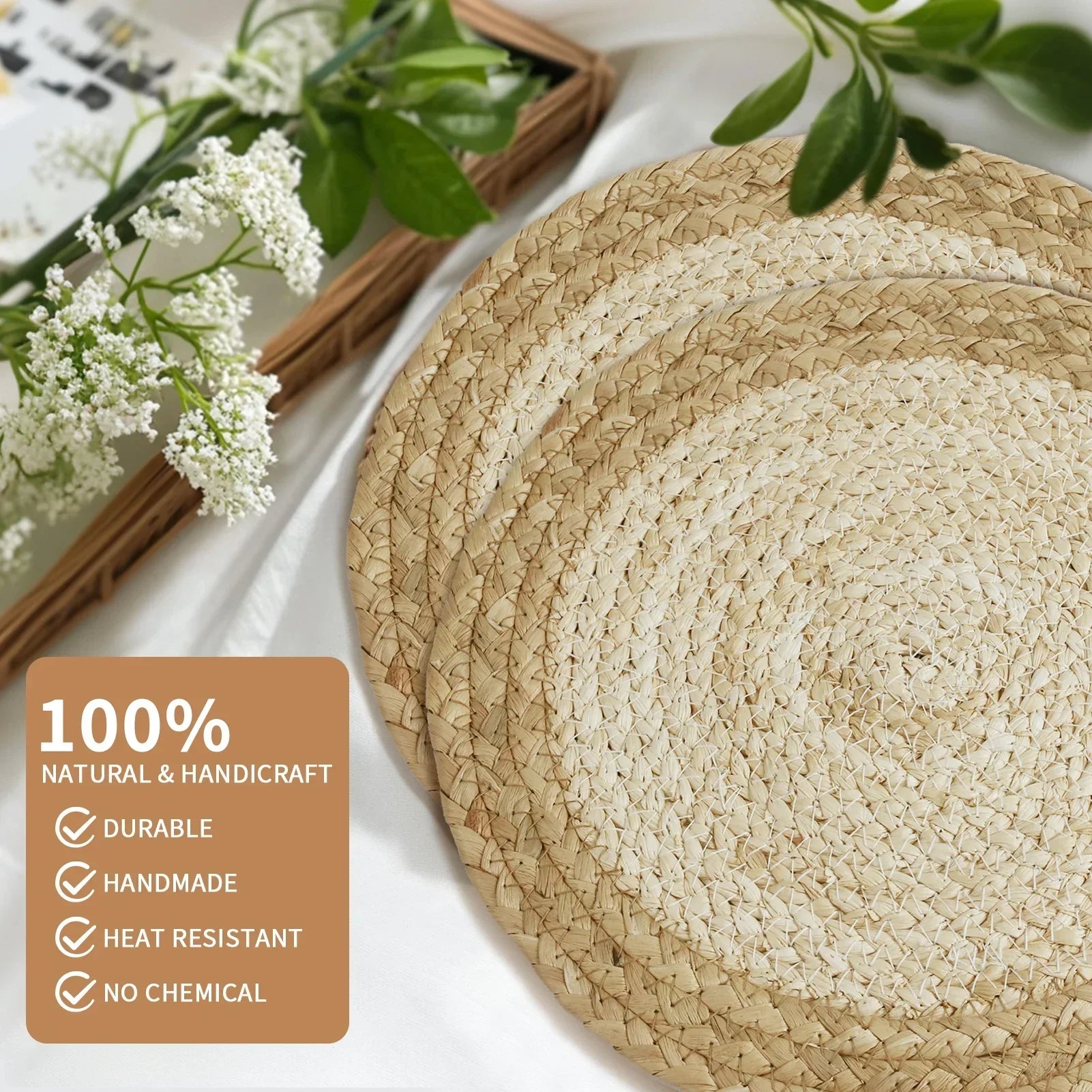 Pot Mats Round Handwoven Rattan Placemats Natural Straw Braided Heat Resistant Table Place Mats For Dining Home Wedding Decor Peaceful Pleasures Health and Wellness