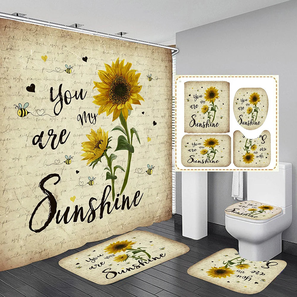 4pcs Set Doormat Shower Curtain with Non-Slip Rugs Toilet Seat Cover Bath Carpet Durable Waterproof Bathroom Home Entrance Decor Peaceful Pleasures Health and Wellness