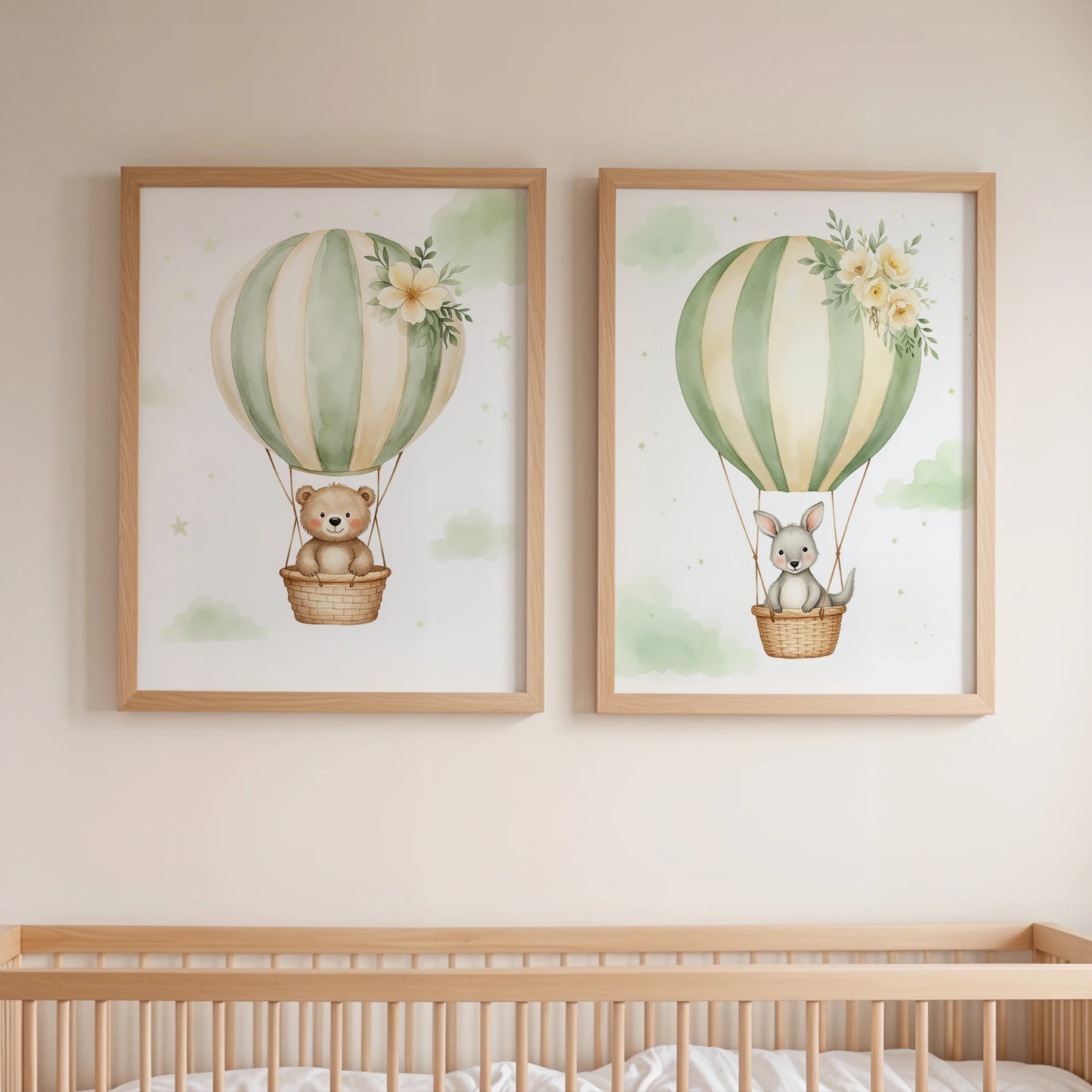 Watercolor Hot Air Balloons Animals Canvas Wall Art | Kids Room