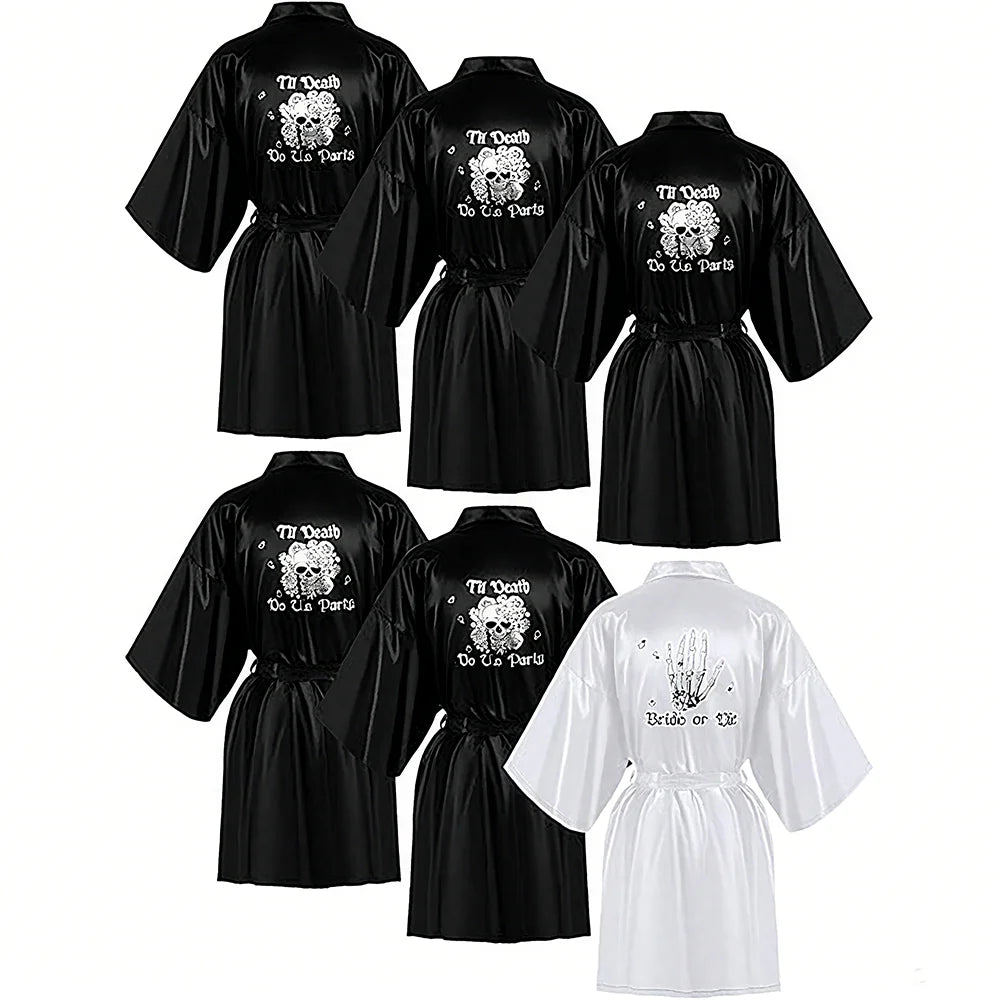 Bridesmaids Till Death Do Us Bride or Die Bachelorette Robes Black White Bridal Shower Gothic Halloween Wedding Decor Spa Party Peaceful Pleasures Health and Wellness
