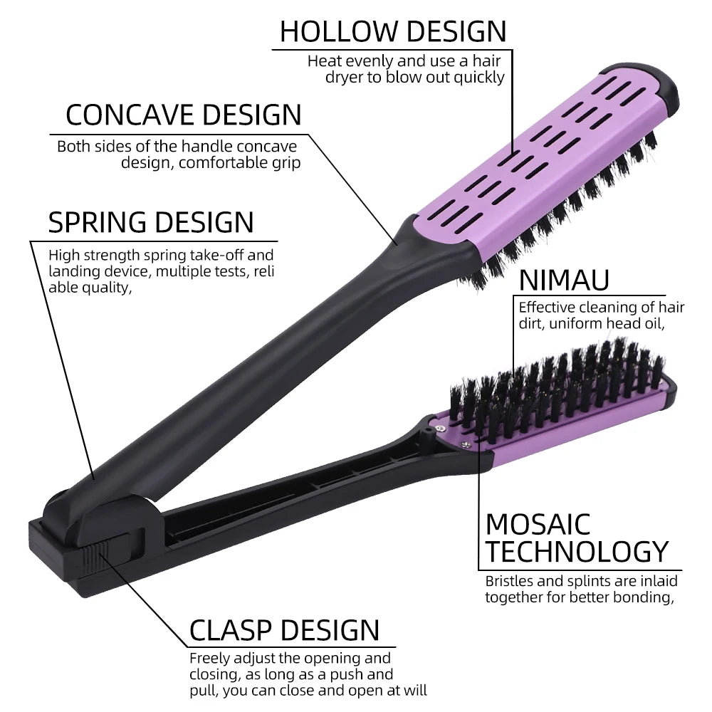 Professional V-Shape Hair Straightening and Curling Brush - High-Temperature Pure Boar Bristle Multi-Functional Styling Comb Peaceful Pleasures Health and Wellness