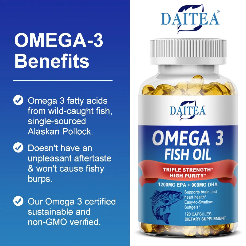 Daitea Triple Strength Omega 3 Fish Oil - Fish Oil Supplement with EPA & DHA Fatty Acids Premium Wild Caught, 30/60/120 Capsules Peaceful Pleasures Health and Wellness