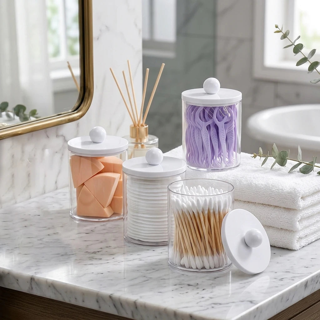 4/6 Pcs Swabs Holder Dispenser Bathroom Canister Storage Box Organization Vanity Makeup Organizer 10 oz Clear Plastic Apothecary Peaceful Pleasures Health and Wellness