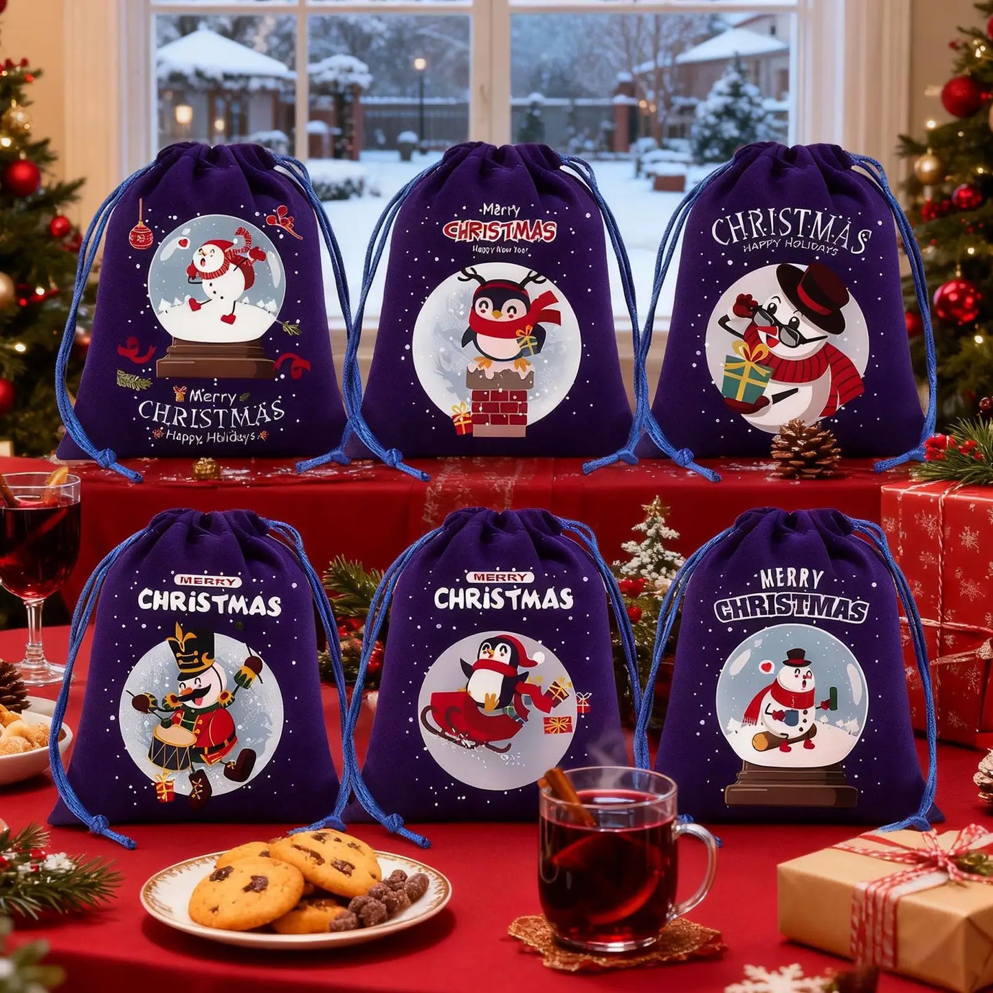 Christmas Drawstring Gift Bags – 6-Piece Reusable Flannel Pouches