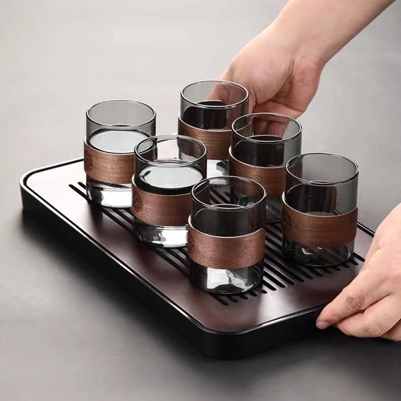 Thickened Glass Tea Cup with Wooden Ring Heat-resistant and Heat-resistant Water Cup Master Cup Household Glass Cup Coffee Cup Peaceful Pleasures Health and Wellness