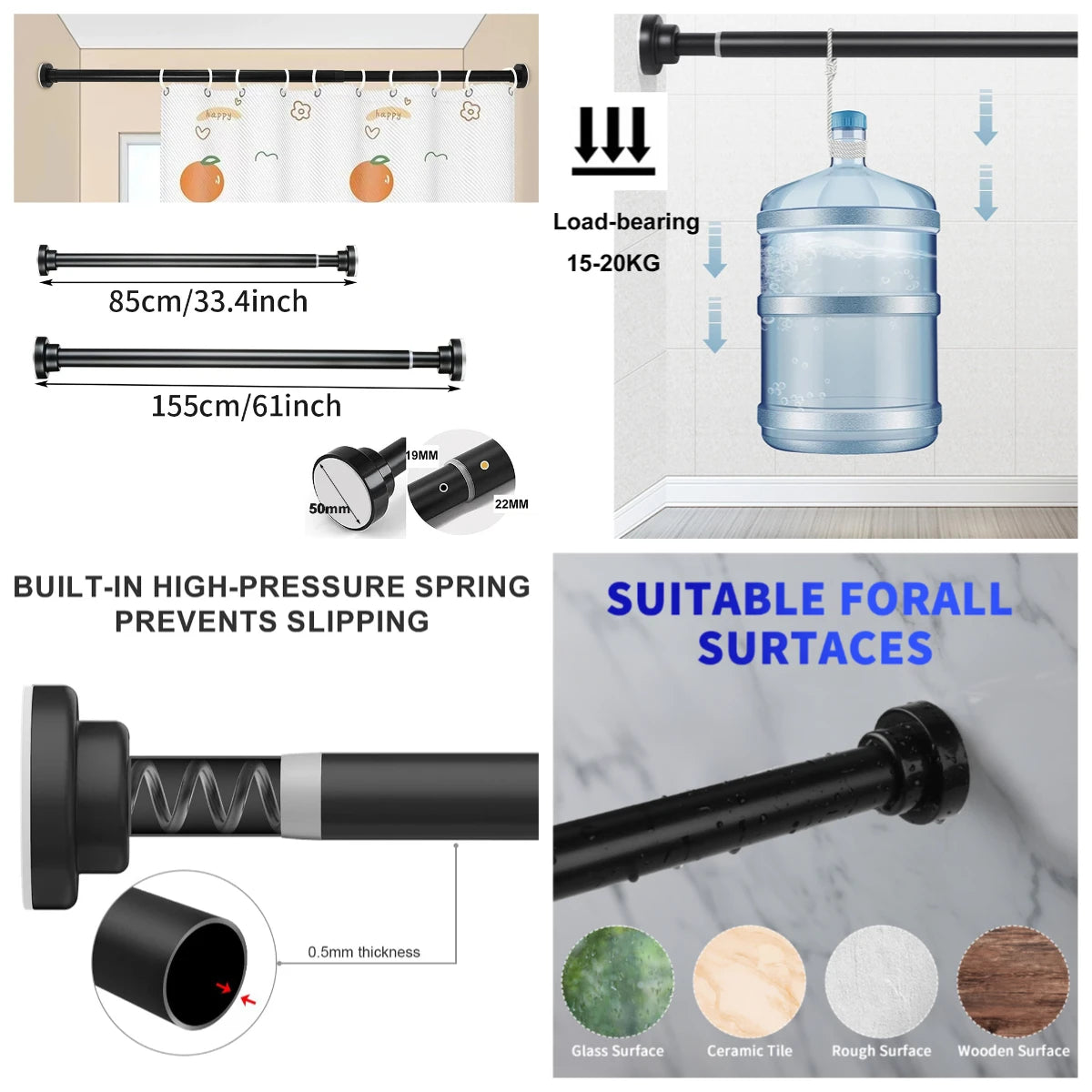 No-Drill Tension Shower Curtain Rod | Adjustable Steel Pole