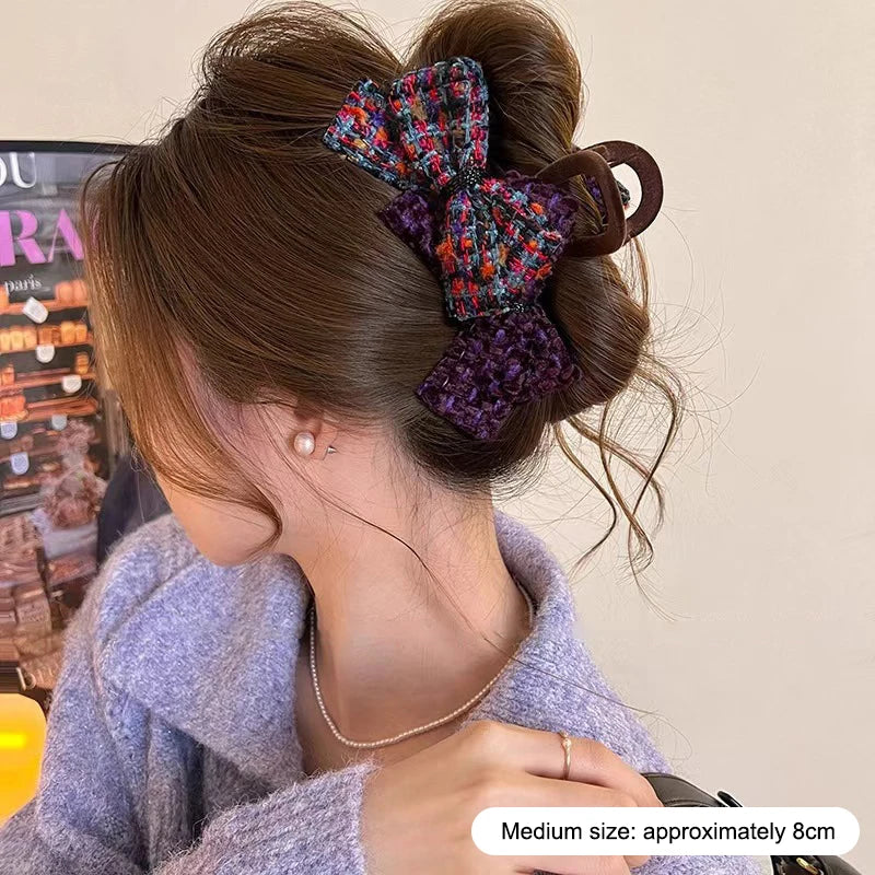 Retro Double Bow Color-Block Large Shark Hair Clip for Women