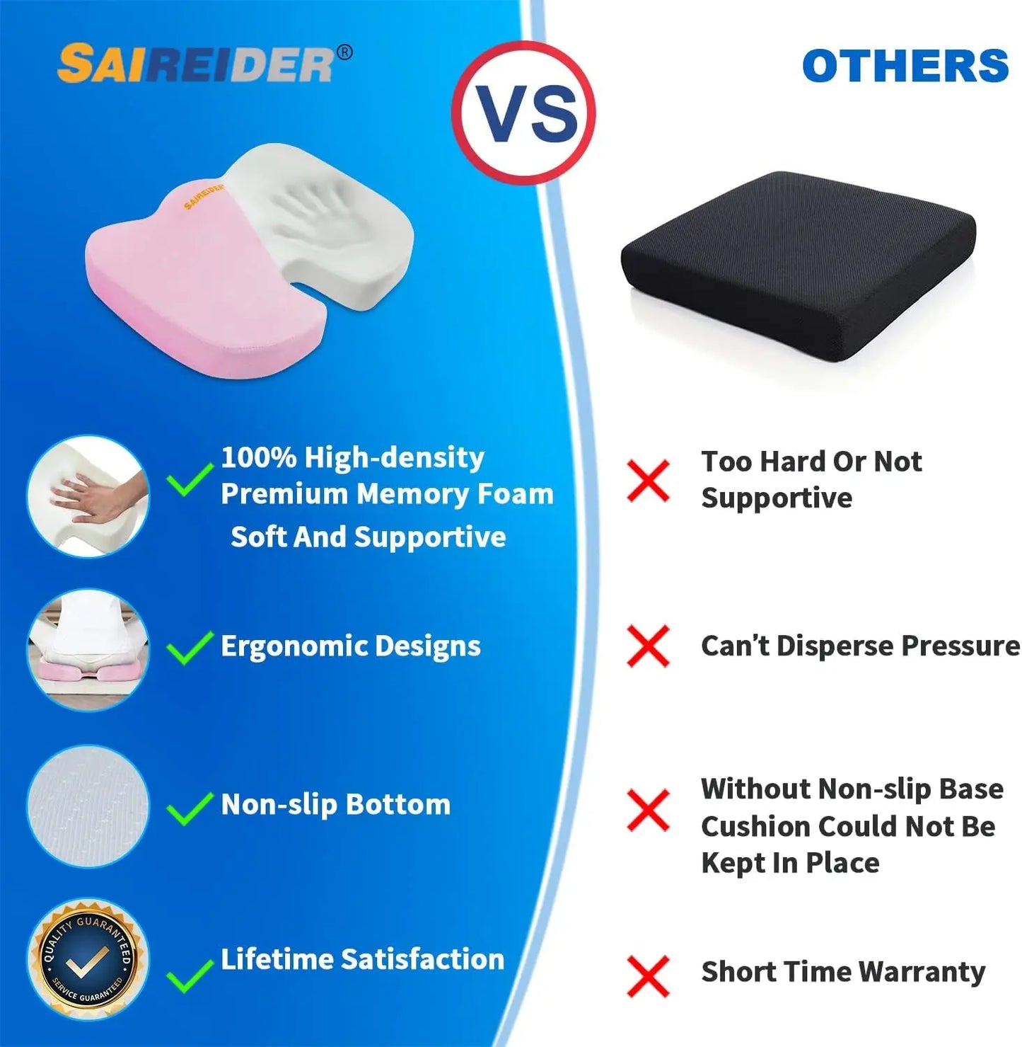 Comparison chart between Saireider seat cushion and 'Others' on a blue background