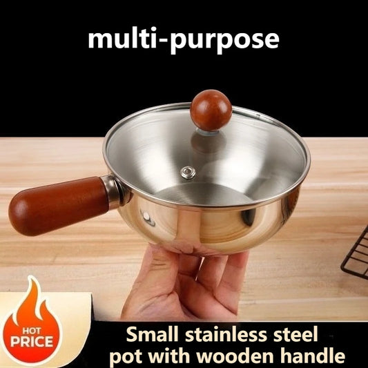 14cm Stainless Steel Small Cooking Pot Wooden Handle Noodle Pot Baby Food Milk Pot All-in-One Portable Cooker for Single Person Peaceful Pleasures Health and Wellness