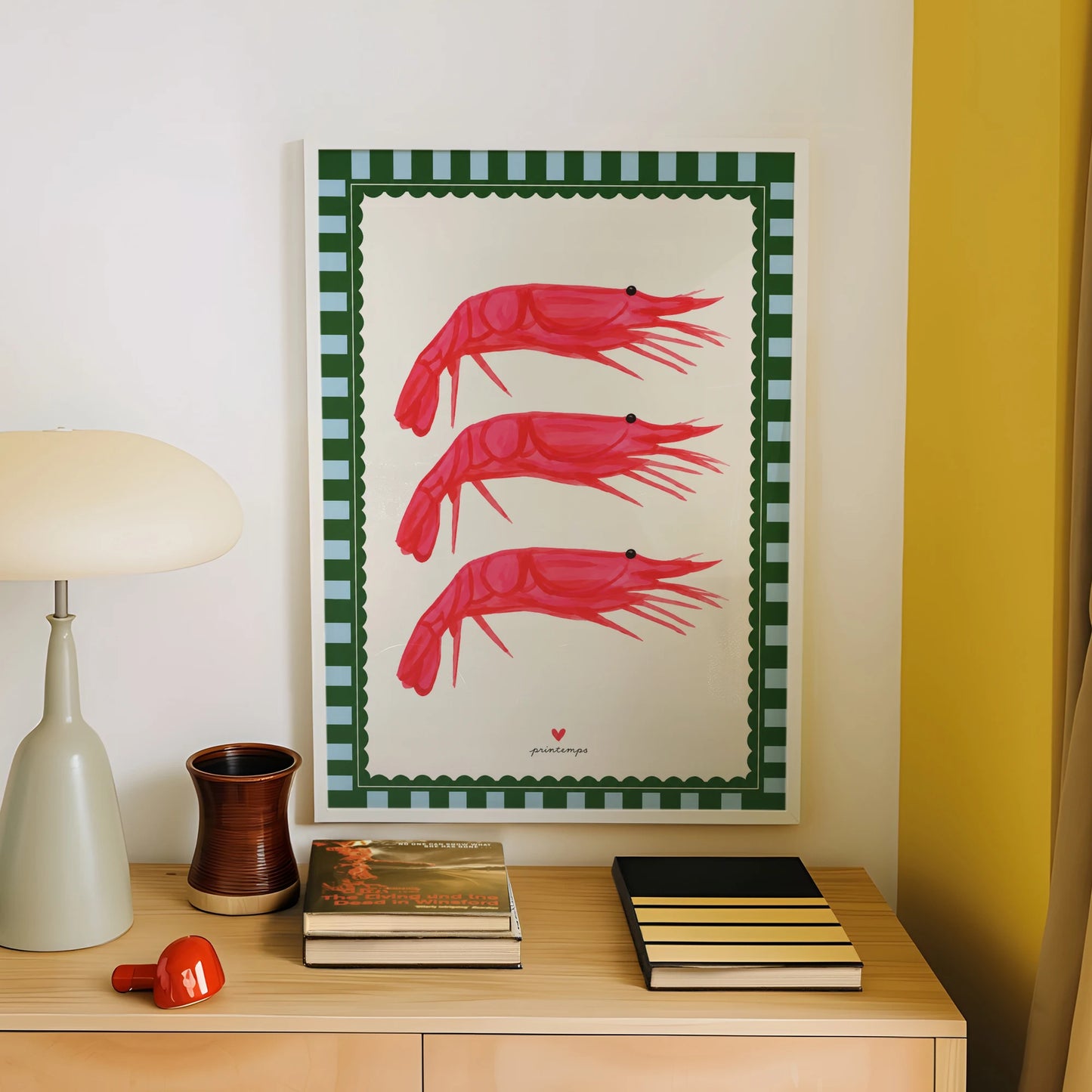Modern Funny Red Shrimp Wall Art Print Canvas Painting Poster Picture For Living Room,Bedroom Home Decor Peaceful Pleasures Health and Wellness G4799 30x40cm Wood Framed