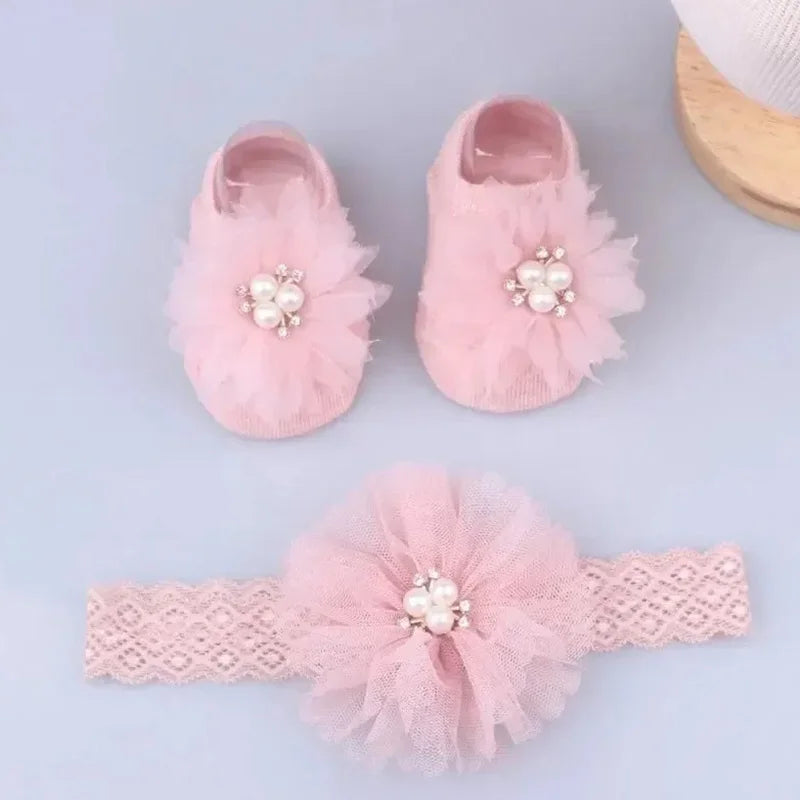 Cute Pearl Bows Baby Headband Socks Set Non Slip Cotton Sock Lace Flower Newborn Hair Band Turban Girl Hair Accessories Peaceful Pleasures Health and Wellness Pink 0-1years
