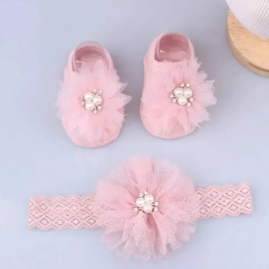 Cute Pearl Bows Baby Headband Socks Set Non Slip Cotton Sock Lace Flower Newborn Hair Band Turban Girl Hair Accessories Peaceful Pleasures Health and Wellness Pink 0-1years